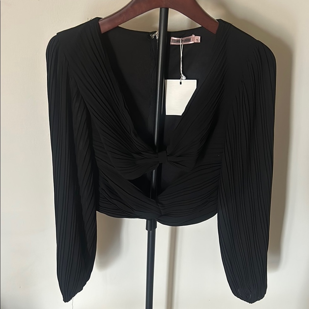 Black Pleated Crop Blouse with Twist Front